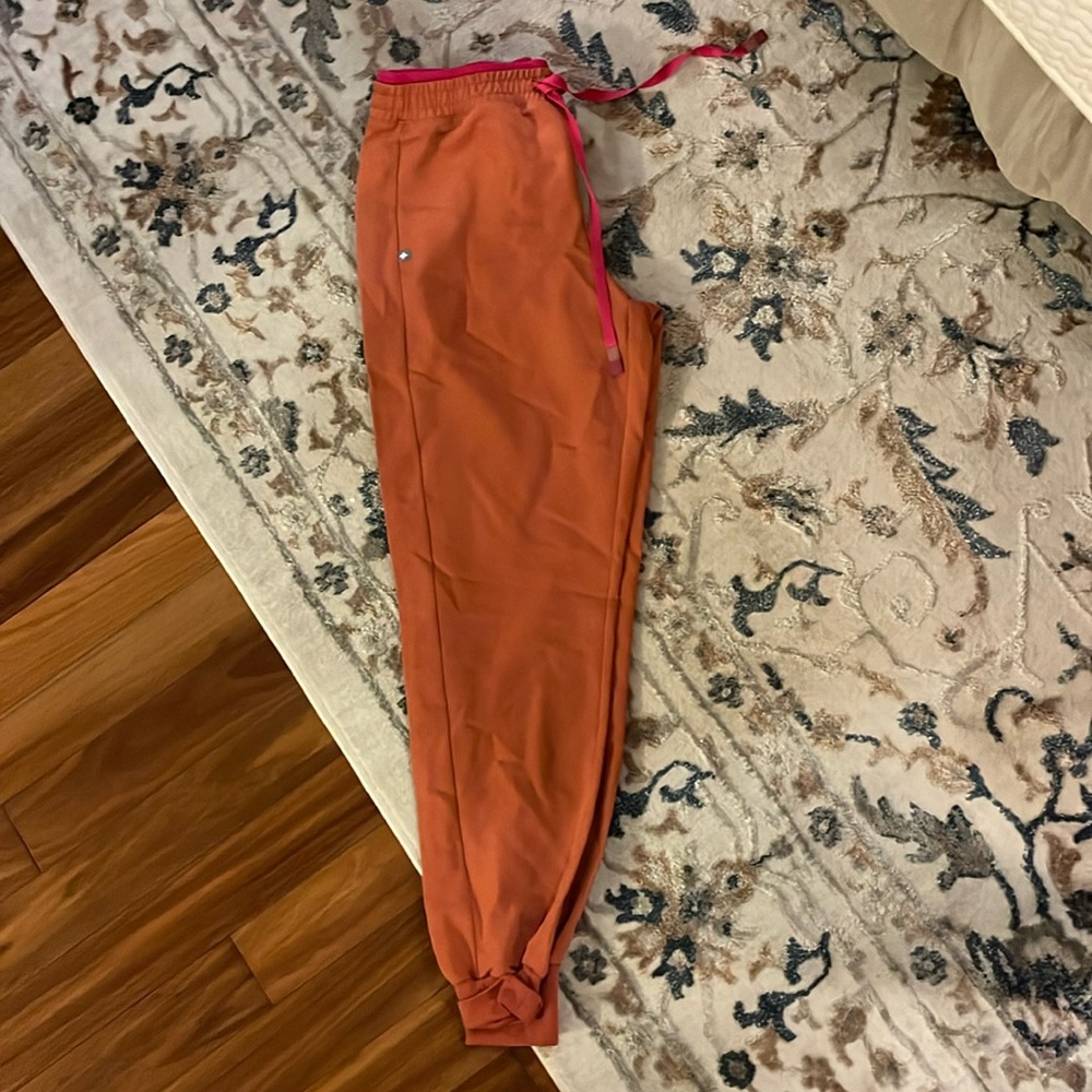 Figs Rust Orange Jogger Scrub Pants with Pink Waist Tie